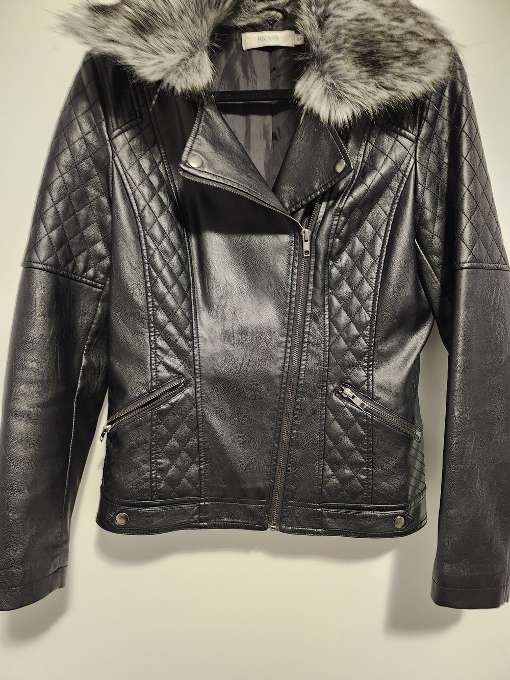 Black Quilted Faux Leather Pleather Matte Jacket with Gray Faux Fur Collar